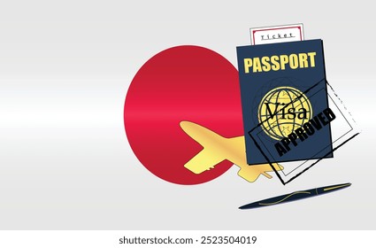 Japanese Travel Documentation Concept with blue Passport and Japan Flag. Approved Stamp. Airplane and Traveling Tickets. Ideal for Immigration Tourism and Traveling Themes. Vector EPS available