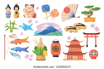 Japanese travel elements. Japan country traditional culture symbols, tokyo pagoda kite toy lucky cat geisha new year kadomatsu asian cultural landmark, vector illustration of japanese travel landmark