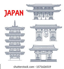 Japanese travel landmark vector icons with Buddhism religion architecture. Asian buddhist temple Senso-ji, wood five story pagoda, Kaminarimon Thunder Gate and Niten-mon gate at Taiyuin mausoleum