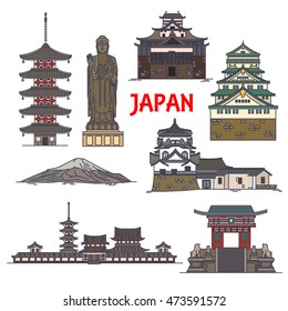 Japanese travel landmarks  with mountain Fuji, Great Buddha statue in Ushiku, Tokyo Imperial palace, Horyuji temple, Osaka Castle, gate of Kiyomizu-dera temple, Matsue castle and Toji temple