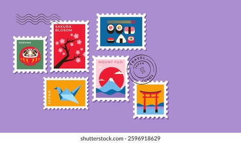 Japanese Travel Stamp Collection. Vector Illustration of Cultural Icons and Landmarks on Envelope Background