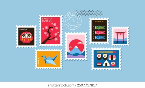 Japanese Travel Stamp Collection. Vector Illustration of Cultural Icons and Landmarks on Envelope Background