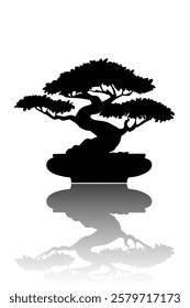 Japanese tree art bonsai in a ceramic bonsai pot. Vector illustration Ancient Tree Silhouette, logo design isolated on white background