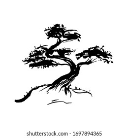 Japanese tree. Black and white ink illustration.