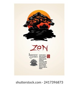 Japanese tree garden template with a bonsai tree silhouette.