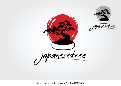 Japanese Tree Vector Logo Template. Life logo illustrating a bonsai tree strength. This concept could be used for recycling, environment associations, landscape business. 
