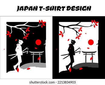 Japanese t-shirt design, silhouette for a Japanese theme, knight, boy walking with two swords
