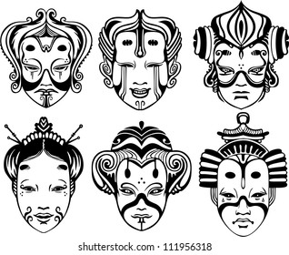 Japanese Tsure Noh Theatrical Masks. Set of black and white vector illustrations.