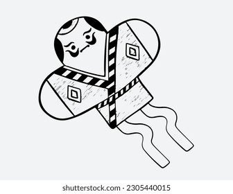 Japanese Tsure Noh Theatrical Masks. Set of black and white vector illustrations.