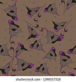 japanese tulips vector, seamless pattern, in violet, lilac and light brown. with a plane light brown background with dots in lilac