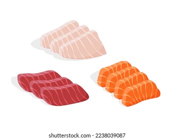 atún japonés, salmón y hirame sashimi. Pescado crudo. Cocina asiática tradicional. Ilustración vectorial en un estilo plano de moda aislado en el fondo blanco.