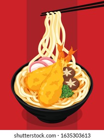 japanese udon noodle soup illustration on red background vector. (Japanese food) 