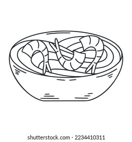 Japanese udon noodles with shrimp doodle illustration. Simple outline traditional asian seafood dish. Asian food vector