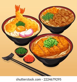 Japanese udon noodles soup recipe illustration vector. Japanese ramen curry with crispy chicken. Asian Shrimp tempura udon noodle soup. Japanese food pork udon noodle soup. (Butaniku udon) Asian food.