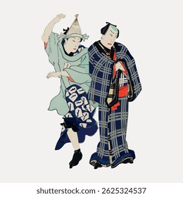 Japanese ukiyo-e print depicting two figures in traditional attire. The artwork showcases intricate pattercal Japanese clotns and historihing. Vintage character art illustration vector.