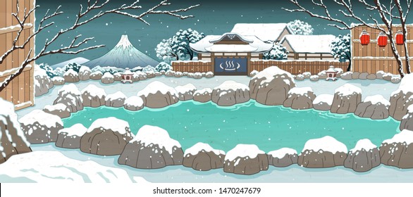 Japanese Ukiyo-e Style Hot Spring Covered By Snow