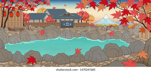 Japanese ukiyo-e style hot spring surrounded by maple leaves