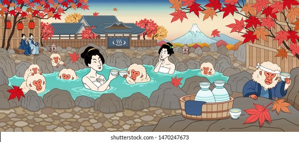 Japanese ukiyo-e style women and cute monkey enjoying outdoor hot spring and sake, beautiful maple scenery