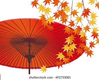 Japanese umbrella and autumn leaves