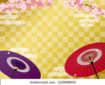 Japanese umbrella and cherry blossoms vector background.