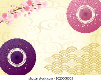 Japanese umbrella and cherry blossoms vector background.