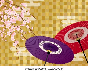 Japanese umbrella and cherry blossoms vector background