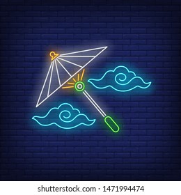 Japanese Umbrella With Clouds Neon Sign. Japan, Asia, Culture Design. Night Bright Neon Sign, Colorful Billboard, Light Banner. Vector Illustration In Neon Style.