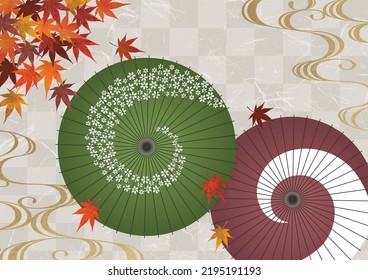 Japanese umbrella and gold wave and autumn leaves on Japanese paper