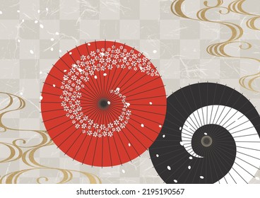 Japanese umbrella and gold wave and cherry blossoms on Japanese paper