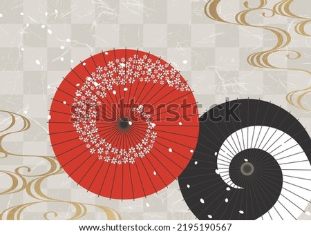 Japanese umbrella and gold wave and cherry blossoms on Japanese paper