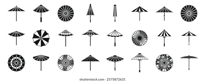 Japanese umbrella icons set. Traditional japanese umbrellas, showcasing diverse designs and patterns, provide protection from sun and rain