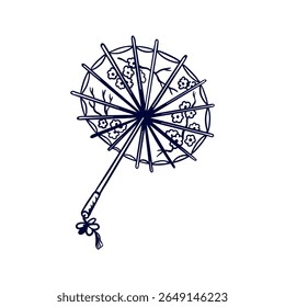 Guarda-chuva japonês com padrões de sakura. Silhueta de lembrança oriental tradicional em estilo gráfico preto e branco. Ilustração de vetor desenhada à mão. Cartões postais, convites, banners, cartazes, livretos