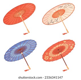 Japanese umbrellas. Beautiful traditional asian umbrella, paper parasol of oriental asia culture japan or china, parasols set vector illustration of japanese umbrella traditional, paper oriental