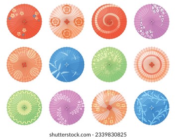 Japanese umbrellas top view. Asian paper umbrella and traditional japan or chinese parasol with beautiful pattern of cherry blossom colors above neat vector illustration of umbrella traditional view