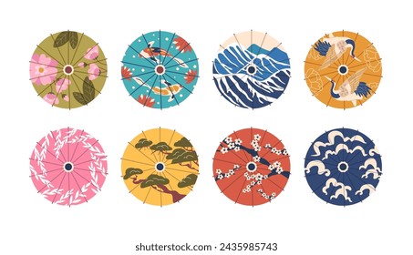 Japanese Umbrellas Top View. Traditional Asian Paper Japan Or Chinese Parasol With Beautiful Patterns Vector Set