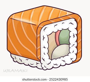 Japanese uramaki sushi roll in cartoon style. Wrapped in rice and topped with a slice of fresh salmon, filled with cream cheese, cucumber, fish, and a small seaweed piece. Vector illustration
