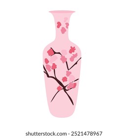 Japanese vase with sakura print in flat design. Antique ceramic pottery. Vector illustration isolated.