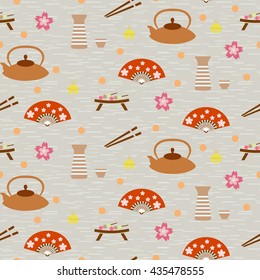 Japanese vector background. Endless pattern with sleighbell, japanese fan, dango, cherry blossom, teapot, sake and chopsticks