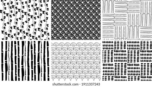 Japanese vector background pack in oriental style for invitation, banner, packaging, stationery. Abstract background with shape, fan, bamboo, leaf in black color. Asian texture pack for business card

