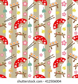 Japanese vector background. Seamless pattern with sushi, sleighbell, wind chime, japanese fan, dango, cherry blossom and chopsticks