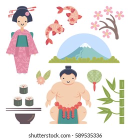 Japanese vector collection with Geisha, Sumo Wrestler, Sushi, Sakura,and other japanese symbols. Each object is handy grouped