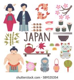 Japanese vector collection with Geisha, Sumo Wrestler, Sushi, Sakura, Snow Monkey, Maneki Neko and other japanese symbols. Each object is handy grouped