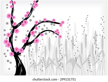 japanese vector illustration of blooming sakura tree and reeds