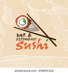 Japanese vector logo design template with fish and chopsticks. Concept for sea food restaurant, sushi menu, bar, delivery of asian food