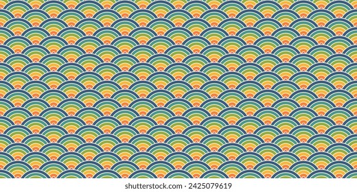Japanisches Vektormuster mit Kreisen. Muster in bunten Regenbogenfarben. Nahtloses orientalisches traditionelles Muster mit Wellen. Fisch schuppt die Textur. Textile Verzierung. Asiatischer Hintergrund.