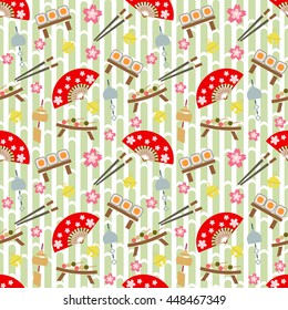 Japanese vector pattern. Seamless multicolor background with sushi, sleighbell, wind chime, japanese fan, dango, cherry blossom and chopsticks