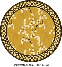 Japanese vector round pattern with bamboo, sakura and traditional ornaments illustration