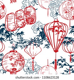 japanese vector sketch design background hand drawn ink seamless pattern lights paper chinese