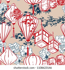 japanese vector sketch design background hand drawn ink seamless pattern lights paper chinese