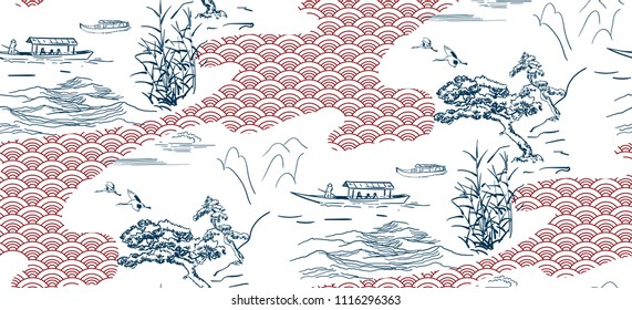japanese  vector sketch design background hand drawn ink seamless pattern boats sea water